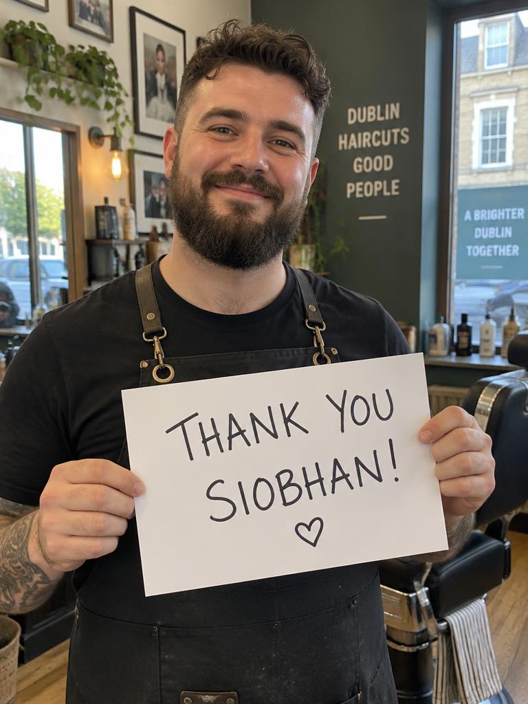 Barber holding a personalised thank-you sign