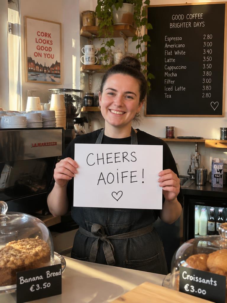 Café owner holding a personalised thank-you sign